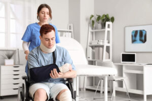 Sad injured patient assisted by the nurse.